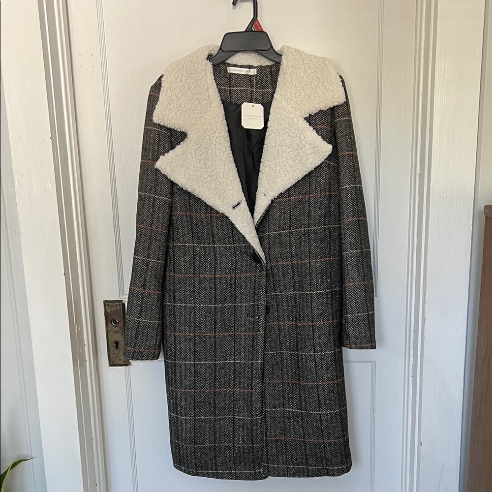 Altar'd State Gray Plaid Teddy Jacket with Cream Collar